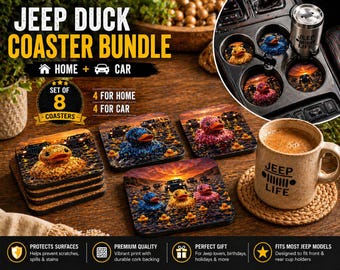 Jeep Duck Coaster Bundle Set, 8 Coasters for Home and Car, Jeep Lover Gift, Ducking Jeep Accessories, Off Road Gift, Funny Duck Coasters