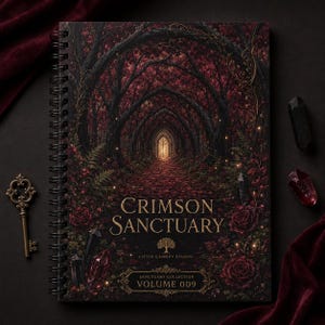 May include: A spiral-bound notebook titled Crimson Sanctuary Volume 009 by Little Canopy Studio. The cover features a dark forest path with red roses, glowing lights, and a golden archway. An ornate metal key and two crystals sit nearby.