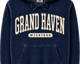 Bluza z kapturem Grand Haven Michigan | Bluza z kapturem Vintage Collegiate | Bluza w stylu Comfort Colors | Bluza z kapturem Michigan Travel | Prezent Lake Life