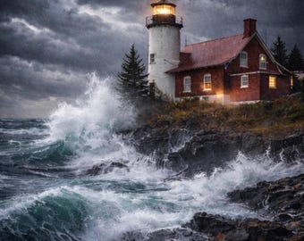 Obraz na płótnie „Burza w latarni morskiej Eagle Harbor” – wystrój wybrzeża jeziora Górnego w stanie Michigan