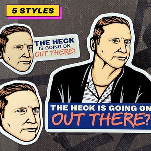 May include: Five sticker designs featuring a cartoon man's face with the text "The heck is going on out there?" in a blue and white banner.