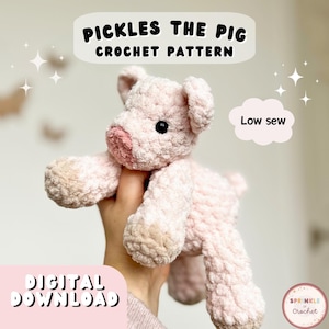 Op de afbeelding: Een lichtroze gehaakt varkentje met een donkerroze snuit en zwarte ogen. De tekst "PICKLES THE PIG CROCHET PATTERN" staat boven het varken. De woorden "Low sew" en "DIGITAL DOWNLOAD" zijn ook zichtbaar.