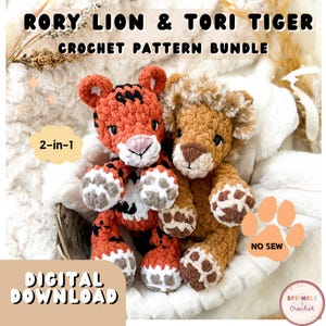 May include: A crochet pattern bundle featuring a tiger and a lion. The tiger is orange and black, while the lion is tan with a fluffy mane. The text "RORY LION & TORI TIGER CROCHET PATTERN BUNDLE" is at the top. The words "DIGITAL DOWNLOAD" are at the bottom.