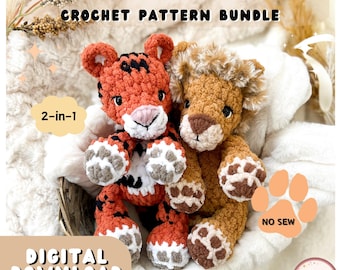 May include: A crochet pattern bundle featuring a tiger and a lion. The tiger is orange and black, while the lion is tan with a fluffy mane. The text "RORY LION & TORI TIGER CROCHET PATTERN BUNDLE" is at the top. The words "DIGITAL DOWNLOAD" are at the bottom.