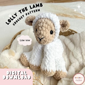 May include: A handmade crochet lamb toy, primarily white with tan accents on the ears and feet. The text "LOLLY THE LAMB CROCHET PATTERN" is displayed at the top, with "DIGITAL DOWNLOAD" at the bottom. The words "Low sew" are also visible.