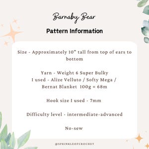 May include: A digital information card for the Barnaby Bear crochet pattern. It lists a finished size of approximately 10 inches tall, weight 6 super bulky yarn, a 7mm crochet hook, an intermediate-advanced difficulty level, and a no-sew construction.