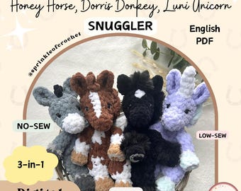 May include: A crochet pattern for a Honey Horse, Dorris Donkey, and Luni Unicorn, labeled as a "Snuggler." The image shows the finished plush toys in a basket: a gray donkey, a brown horse, a black horse, and a lavender unicorn. The pattern is a digital download.