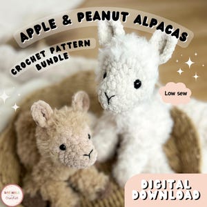 May include: Two plush alpaca toys, one beige and one white, are featured in this image. The text "APPLE & PEANUT ALPACAS" and "CROCHET PATTERN BUNDLE" are displayed above the alpacas. The words "Low sew" and "DIGITAL DOWNLOAD" are also visible.