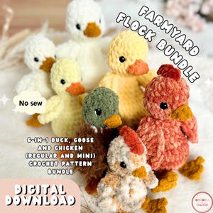 Può includere: Una collezione di animali da fattoria all'uncinetto fatti a mano, tra cui anatre, oche e polli. I peluche sono in vari colori, come bianco, giallo, verde e rosso. L'immagine include il testo "Farmyard Flock Bundle" e "Digital Download".