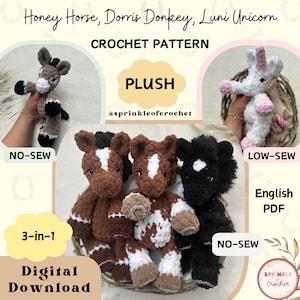Plush Horse, Donkey and Unicorn Plushie Crochet Pattern Bundle No-Sew Pattern | Amigurumi Farm Animal Pattern SprinkleofCrochet | Low-Sew