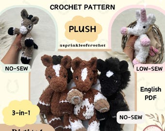 Plush Horse, Donkey and Unicorn Plushie Crochet Pattern Bundle No-Sew Pattern | Amigurumi Farm Animal Pattern SprinkleofCrochet | Low-Sew