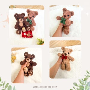 May include: Two crocheted teddy bears made of soft brown yarn with dark eyes and stitched noses. One bear wears a green bow, the other a red bow. A small red and white checkered blanket with a tiny basket sits between them. Text reads @SPRINKLEOFCROCHET.