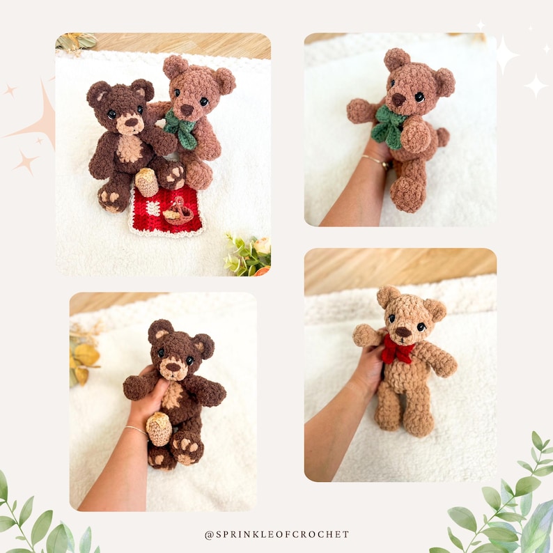 May include: Two crocheted teddy bears made of soft brown yarn with dark eyes and stitched noses. One bear wears a green bow, the other a red bow. A small red and white checkered blanket with a tiny basket sits between them. Text reads @SPRINKLEOFCROCHET.