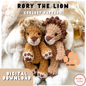 May include: Two crocheted lion plushies in shades of brown and tan, with detailed manes and paws. The image includes text that reads "RORY THE LION CROCHET PATTERN" and "DIGITAL DOWNLOAD". The plushies are set against a soft, white background.