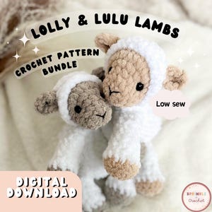 May include: Two crochet lambs, one white and one tan, with white accents and black eyes. The text "Lolly & Lulu Lambs Crochet Pattern Bundle" and "Digital Download" are displayed. The image also includes the text "Low sew".