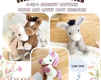 NEW Horse, Donkey and Unicorn Crochet Pattern Bundle | Lovey & Plushie | Amigurumi Farm Animal Pattern SprinkleofCrochet | Snuggler Stuffie