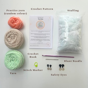 May include: Crochet kit for making a turtle. The kit includes yarn in three colors, a crochet hook, a stitch marker, a blunt needle, safety eyes, and stuffing. The kit also includes a crochet pattern for making the turtle.