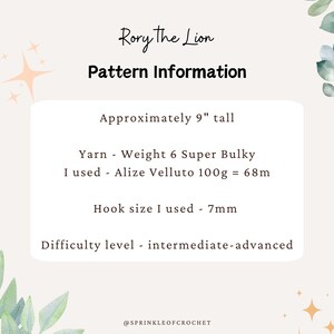 May include: A cream-colored graphic with the text "Rory the Lion" and "Pattern Information." Details include the finished size (approximately 9" tall), yarn weight, hook size (7mm), and difficulty level (intermediate-advanced).