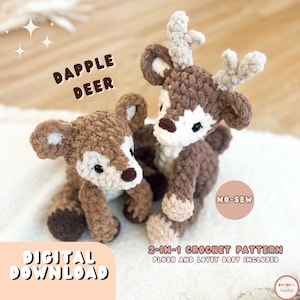 May include: Two crocheted deer plushies made from brown and cream yarn. The text reads DAPPLE DEER, NO-SEW, 2-IN-1 CROCHET PATTERN, PLUSH AND LOVEY BODY INCLUDED, and DIGITAL DOWNLOAD. The deer have dark eyes, brown noses, and one has antlers.