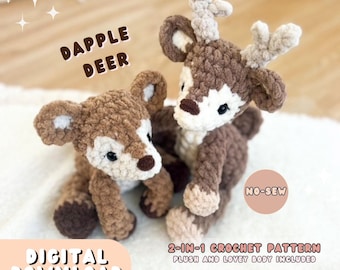 May include: Two crocheted deer plushies made from brown and cream yarn. The text reads DAPPLE DEER, NO-SEW, 2-IN-1 CROCHET PATTERN, PLUSH AND LOVEY BODY INCLUDED, and DIGITAL DOWNLOAD. The deer have dark eyes, brown noses, and one has antlers.