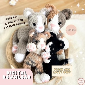 May include: Four crocheted plush cats in a basket, featuring gray, white, brown, and black yarn. Text reads: COCO CAT & KIKI KITTEN PATTERN BUNDLE, NO-SEW, PLUSH AND LOVEY BODY, DIGITAL DOWNLOAD. The cats have pink noses and paw pads with black eyes.