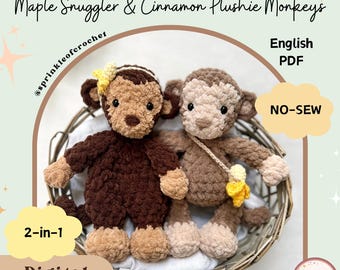 Monkey Crochet Pattern Bundle No-Sew | Monkey Snuggler & Plushie | Maple Cinnamon | Amigurumi Safari Animal Pattern SprinkleofCrochet