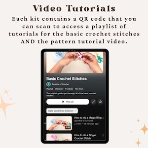 May include: A tablet screen displaying a YouTube playlist titled "Basic Crochet Stitches" by "Sprinkle of Crochet". The playlist has 11 videos and includes a video titled "How to do a Magic Ring" with 2 views and a video titled "How to do a Single Crochet Stitch".