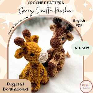 May include: Two crocheted giraffe plushies in shades of brown and yellow with white faces. The image includes text that reads "CROCHET PATTERN Gerry Giraffe Plushie" and "Digital Download". The plushies are handmade and have a no-sew design.