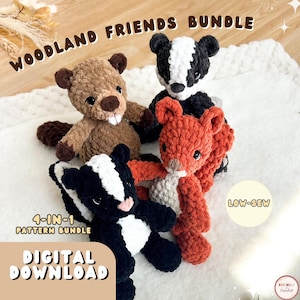 May include: A set of four plush crochet toys including a brown beaver, a black and white badger, a black and white skunk, and an orange squirrel. The image features the text WOODLAND FRIENDS BUNDLE, 4-IN-1 PATTERN BUNDLE, LOW-SEW, and DIGITAL DOWNLOAD.