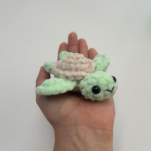 May include: A small crocheted sea turtle toy with a light green shell and a light pink underside. The turtle has black eyes and a small smile.