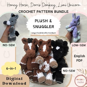 May include: A crochet pattern bundle featuring plush and snuggle toys. The image displays a gray donkey, brown and white horses, and a purple unicorn. The text includes "Honey Horse, Dorris Donkey, Luni Unicorn" and "CROCHET PATTERN BUNDLE". The pattern is a digital download.