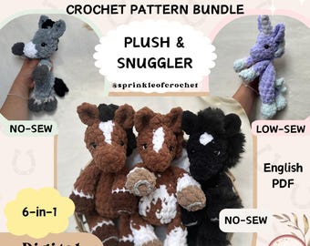 Horse, Donkey and Unicorn Crochet Pattern Bundle No-Sew | Snuggler & Plushie | Amigurumi Farm Animal Pattern SprinkleofCrochet | Low-Sew