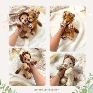 May include: Four images of crocheted lion stuffed animals in various poses. The lions are primarily brown and tan, with detailed manes and paws. The text "@SPRINKLEOFCROCHET" is at the bottom of the image.