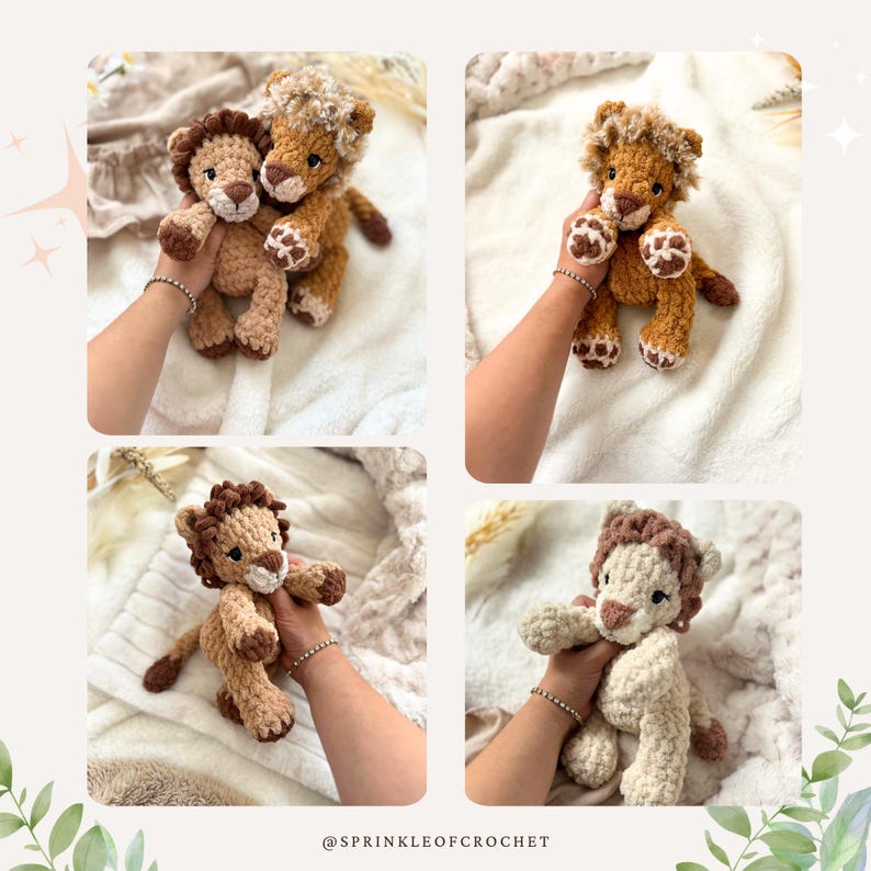 May include: Four images of crocheted lion stuffed animals in various poses. The lions are primarily brown and tan, with detailed manes and paws. The text "@SPRINKLEOFCROCHET" is at the bottom of the image.