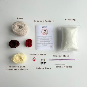 Op de afbeelding: Een haakpakket met diverse componenten, waaronder garen, vulling, een haakpatroon, steekmarkeerder, haaknaald, stompe naald en veiligheidsoogjes. De set bevat oefengaren en een rendierpatroon.