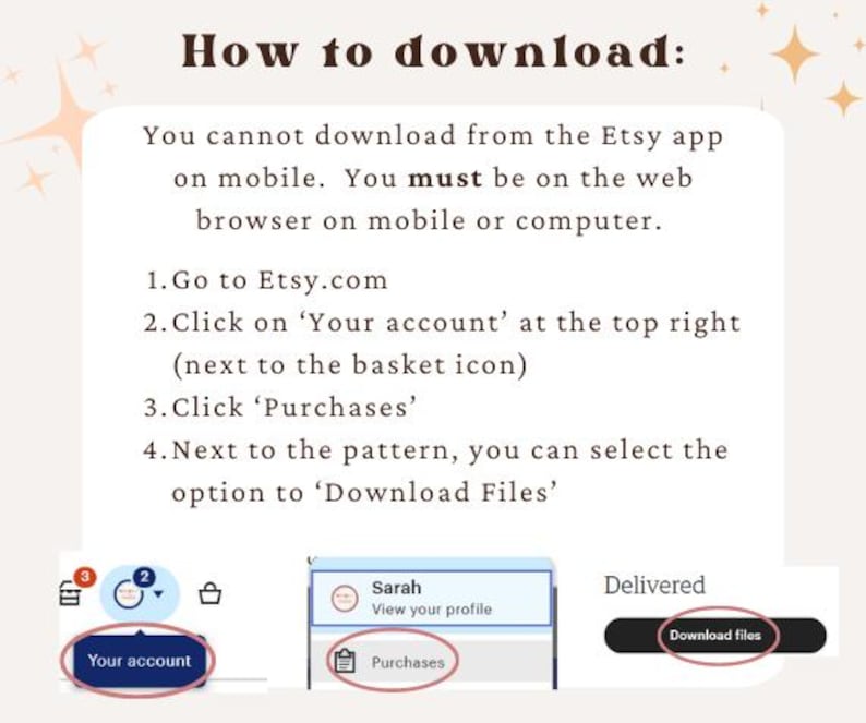 May include: An instructional graphic titled How to download: explaining that files cannot be downloaded via the Etsy mobile app. It provides four numbered steps for web browsers, including clicking Your account, Purchases, and the Download files button.