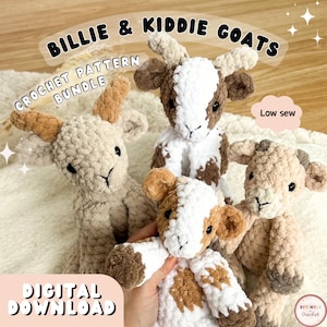 Puede incluir: Cuatro peluches de cabra de ganchillo en varios tonos de marrón, blanco y beige. El texto "BILLIE & KIDDIE GOATS" y "CROCHET PATTERN BUNDLE" se muestran en la parte superior. El texto "DIGITAL DOWNLOAD" está en la parte inferior. El texto "Low sew" también es visible.