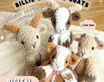 May include: Four crocheted goat plushies in various shades of brown, white, and tan. The text "BILLIE & KIDDIE GOATS" and "CROCHET PATTERN BUNDLE" are displayed at the top. The text "DIGITAL DOWNLOAD" is at the bottom. The text "Low sew" is also visible.