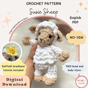 Könnte beinhalten: Häkelanleitung für Susie Sheep, ein weißes gehäkeltes Schaf mit braunem Gesicht und einem Narzissen-Stirnband. Die Anleitung enthält zwei Kopf- und Körperstile und ist ein Projekt ohne Nähen. Digitaler Download im englischen PDF-Format.