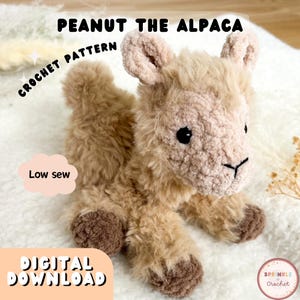 May include: A crocheted alpaca plush toy in shades of tan and brown. The alpaca has a fluffy texture, black eyes, and a stitched black mouth. Text on the image reads "PEANUT THE ALPACA", "CROCHET PATTERN", "Low sew", and "DIGITAL DOWNLOAD".