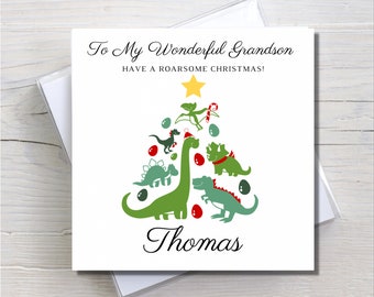Dinosaur Christmas card, personalised Christmas card, Christmas card for him, Christmas card, merry Christmas, Christmas card grandson
