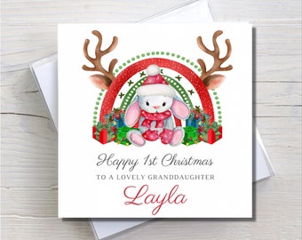 Personalised first Christmas card, daughter Christmas card, rabbit Christmas card, granddaughter card, rainbow xmas card, 1st Christmas card