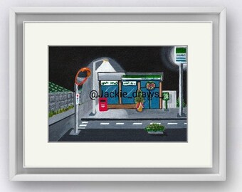 Japan Night Walk Print: Konbini Acrylic Painting