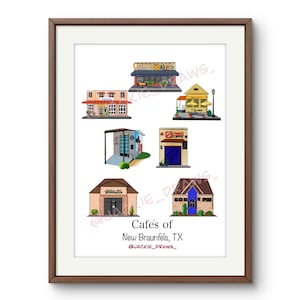 Könnte beinhalten: Gerahmter Druck mit Illustrationen von Cafés in New Braunfels, TX. Das Kunstwerk zeigt farbenfrohe Gebäudefassaden, darunter eine Bäckerei und Cafés. Der Titel "Cafés of New Braunfels, TX" ist unter den Illustrationen zu sehen.