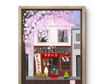 Yanai Japan Spring Print: Sakura, Ice Cream Shop Art (Unframed)