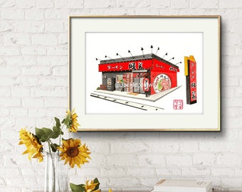 Okinawa Ramen Shop Print: Japanese Watercolor Illustration (Unframed)