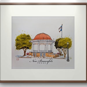 New Braunfels Plaza Portrait | Downtown New Braunfels | Texas | Texas Storefronts | Hill Country | Hand Painted | Print | Unframed