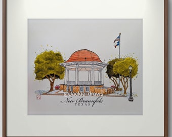 New Braunfels Plaza Print: Hand-Painted Watercolor, Texas Hill Country (Unframed)