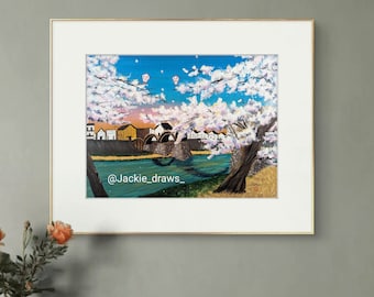 Kintai Bridge Acrylic Painting Print: Iwakuni Japan Sakura Art (Unframed)