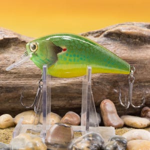 May include: A green and yellow fishing lure with a clear plastic bill and two treble hooks. The lure has a detailed design with a red spot and blue speckles. It is displayed on a clear stand against a backdrop of wood and small stones.